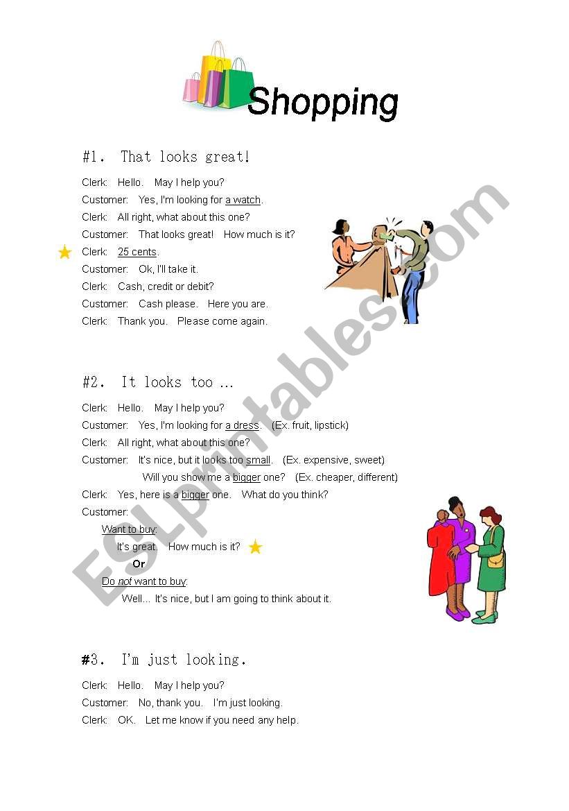 Shopping Situations dialogues worksheet