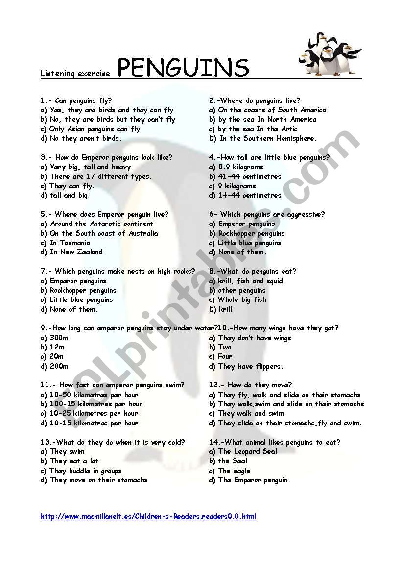 Penguins listening exercise worksheet