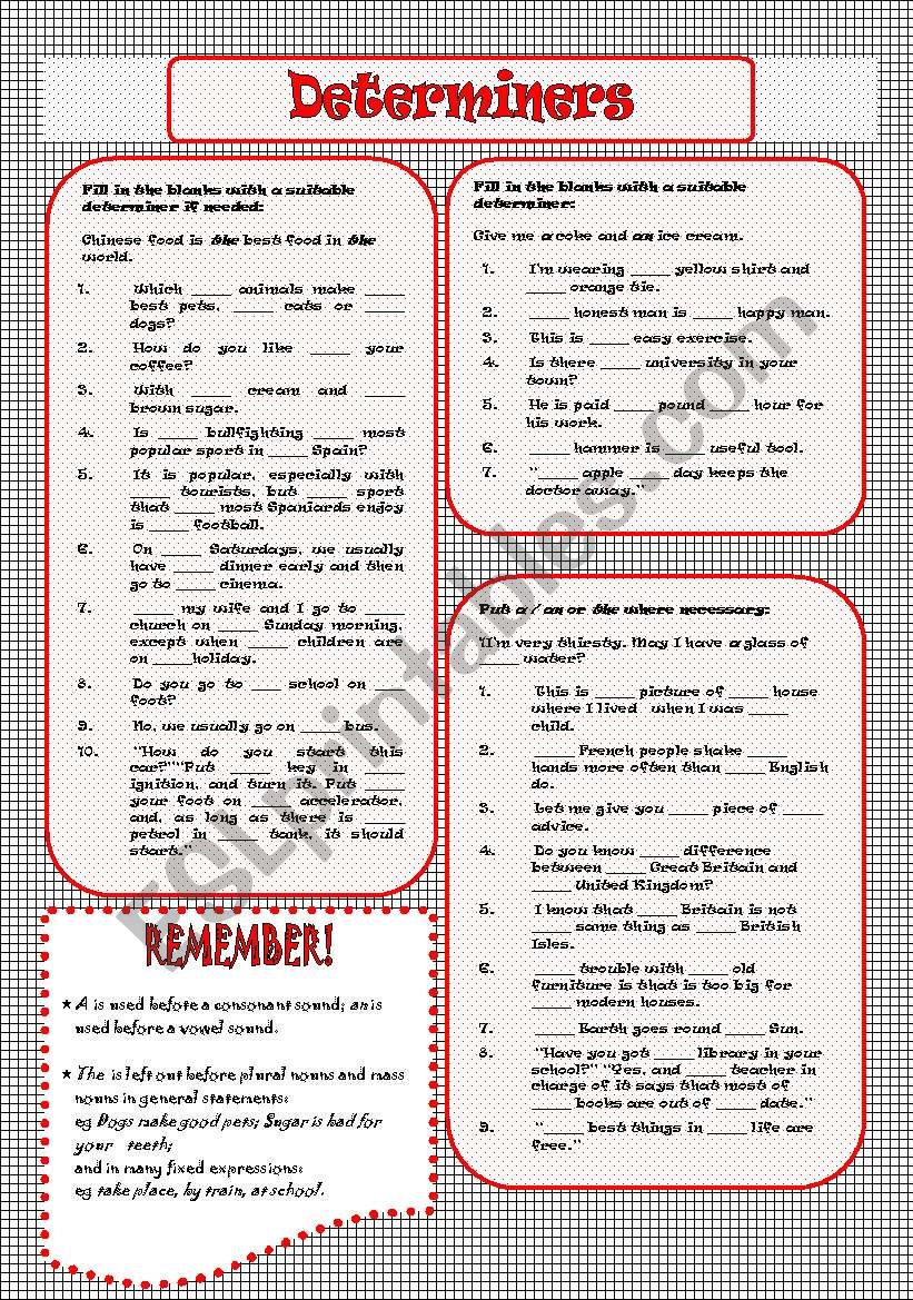 DETERMINERS A/AN,THE worksheet