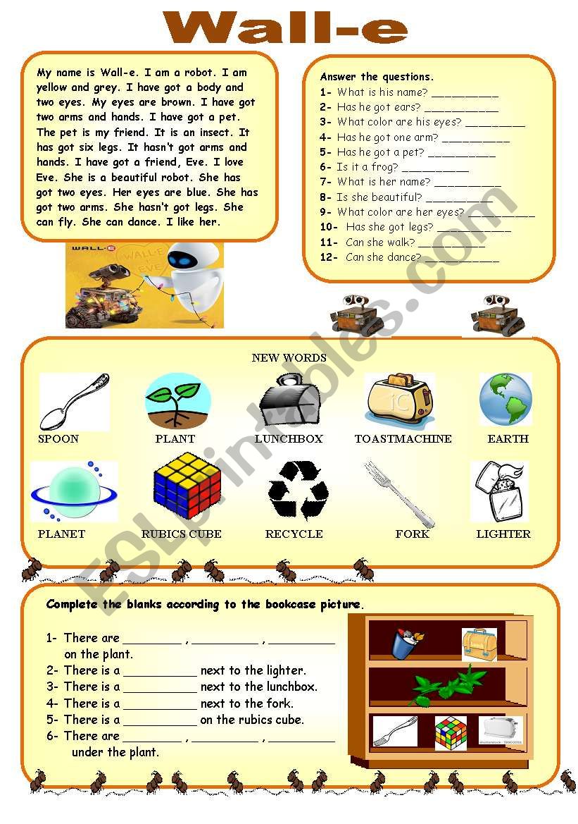 Wall-e Worksheet (Reading comprehension + prepositions + there is/are)