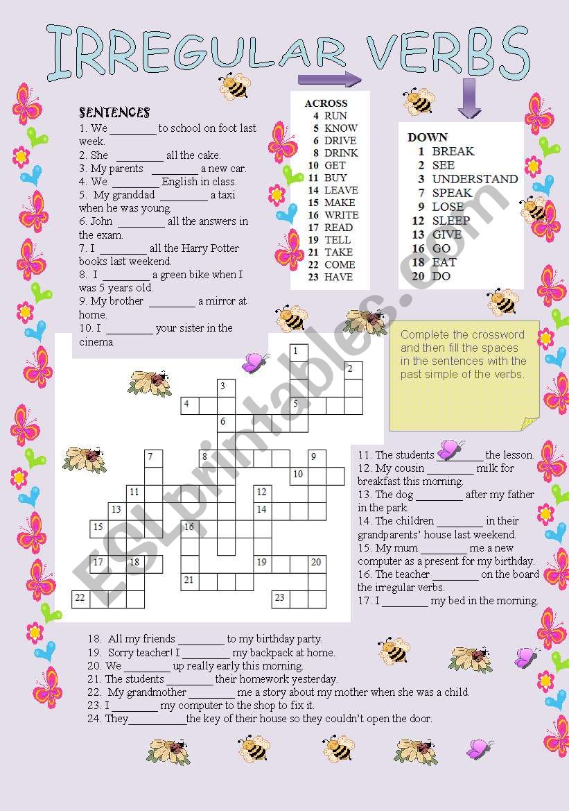 irregular verbs crossword and sentences