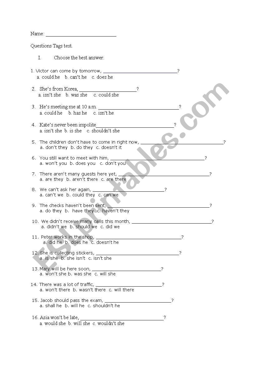 Tag Question Test worksheet