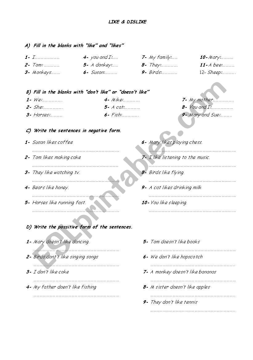 like &dislike worksheet