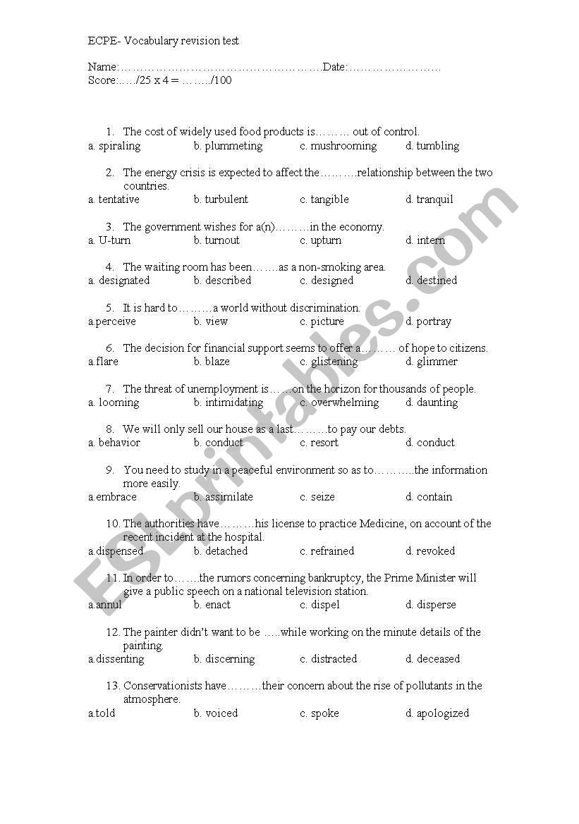 vocabulary test ECPE (proficiency) - Fully Editable+ Key