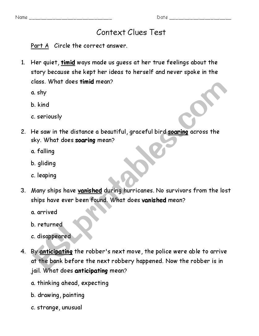context clues test worksheet