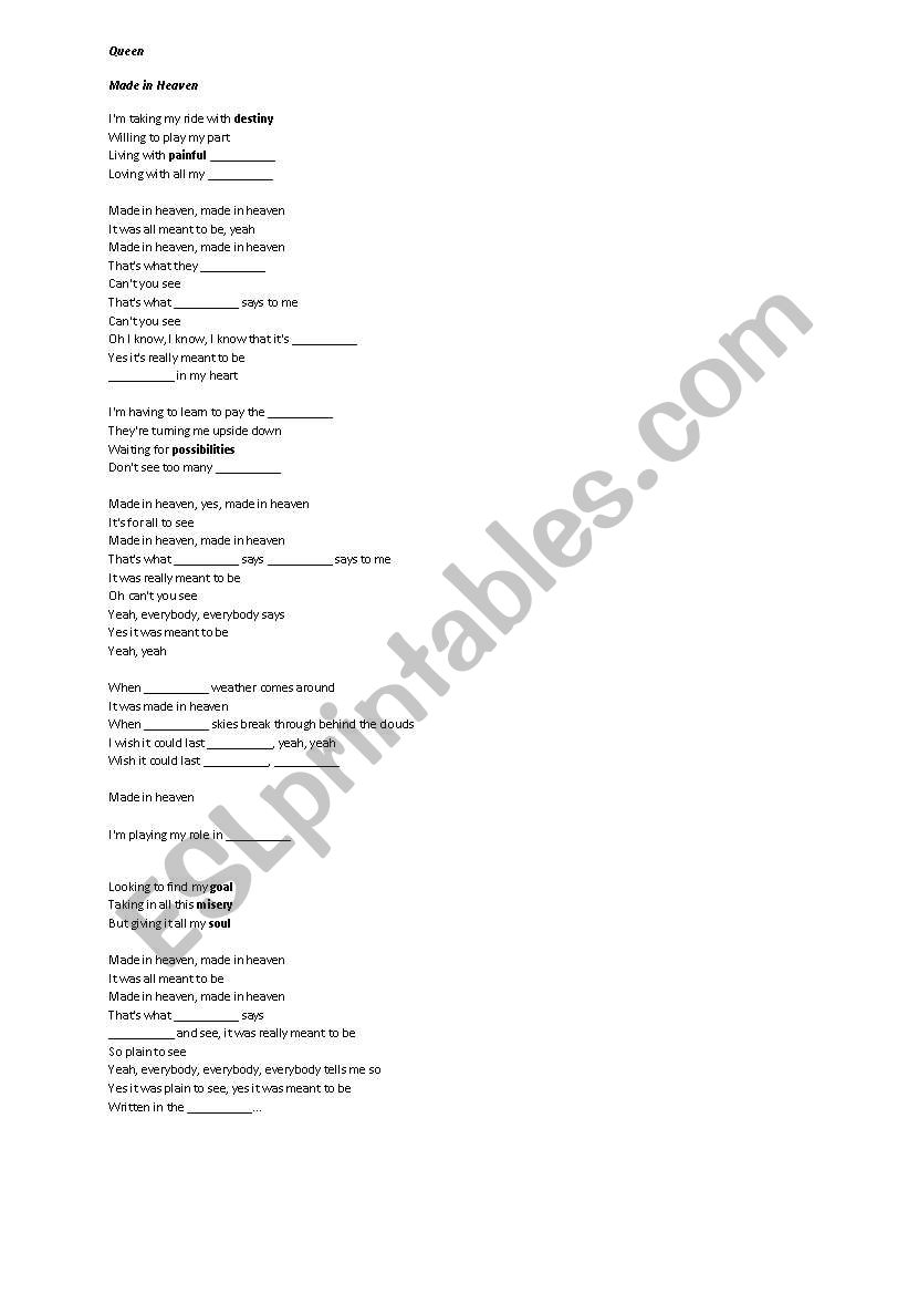 Song Queen Made In Heaven worksheet