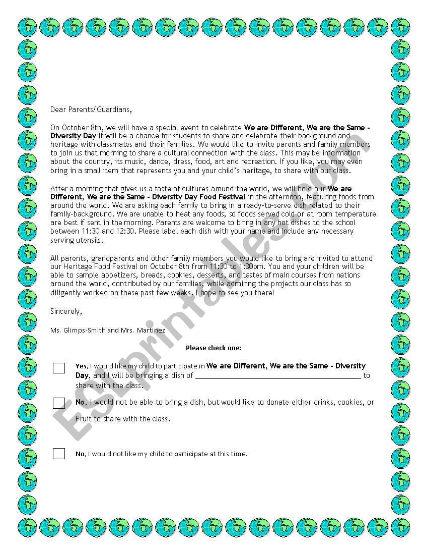 Diversity Day Parent Letter worksheet