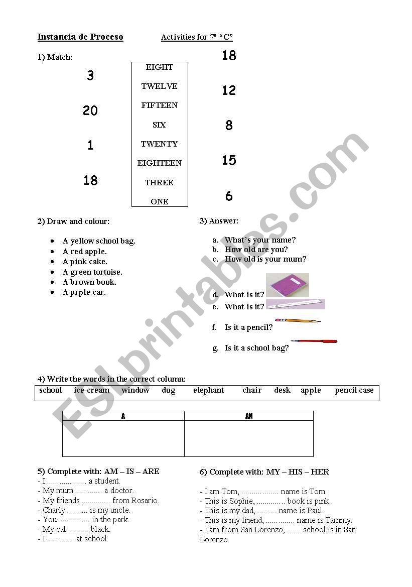 Numbers, verb to be, colours, possessive adj, a/an,