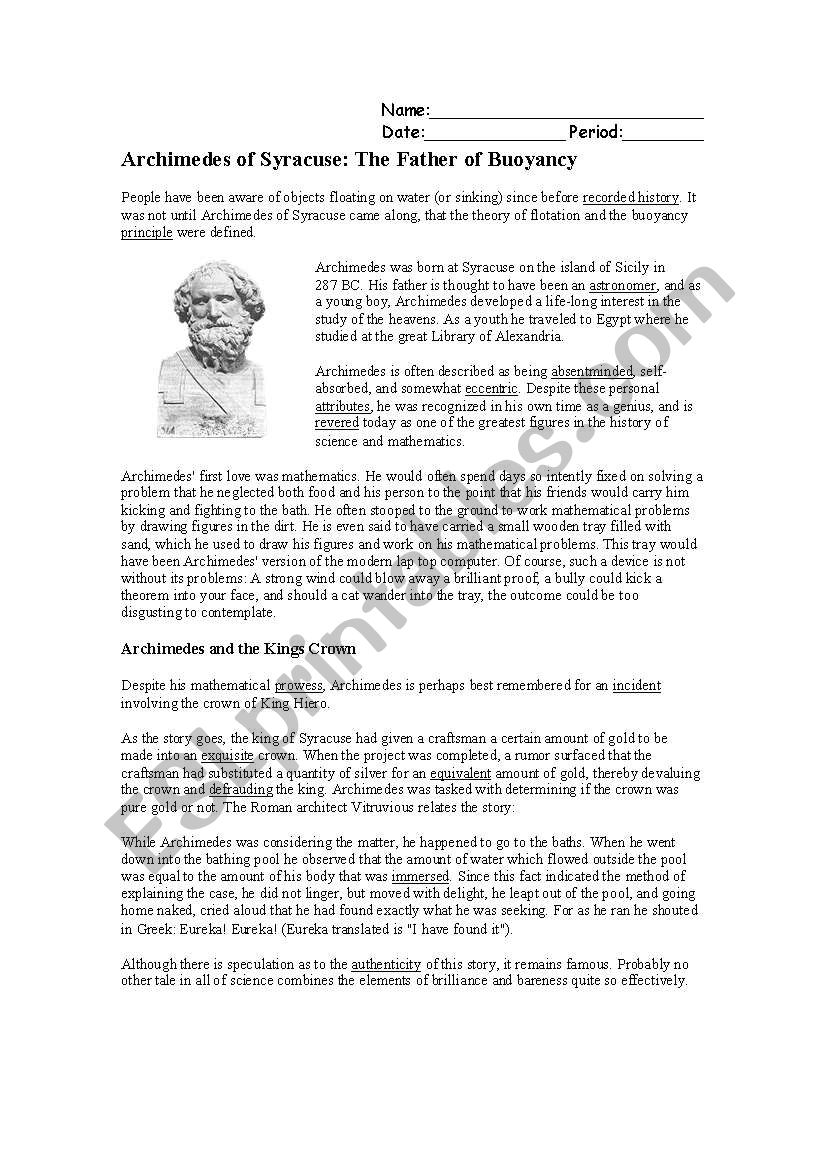 Archimedes of Syracuse Worksheet