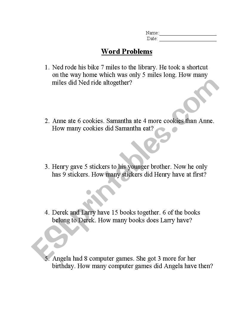 Math Word Problems 1 worksheet