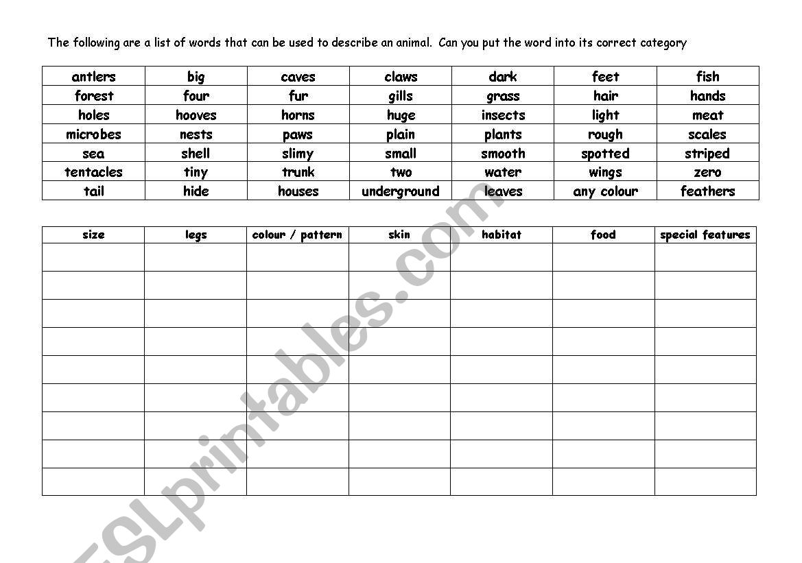 Animal body parts worksheet