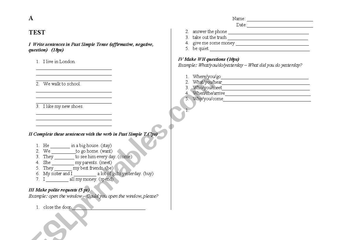 TEST: Past Simple worksheet