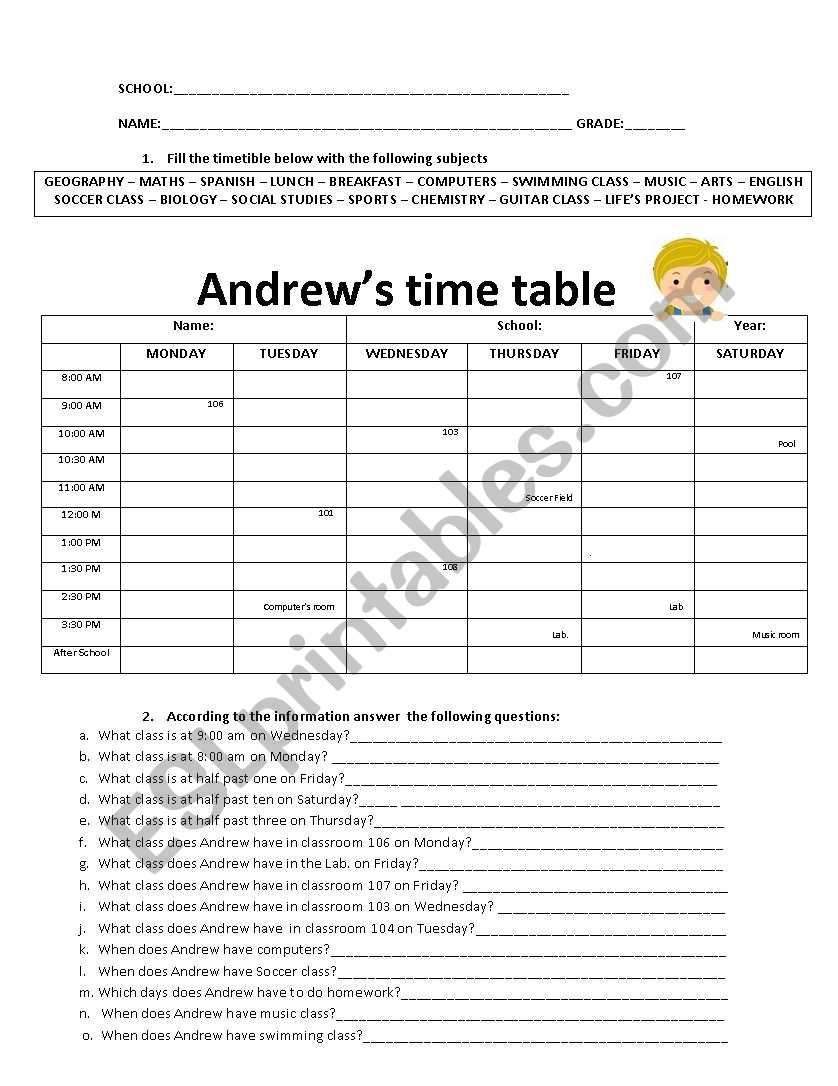 Schedules and Subjects worksheet
