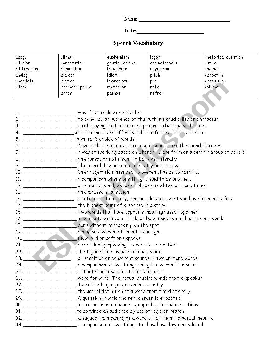 Speech Vocabulary Quiz worksheet