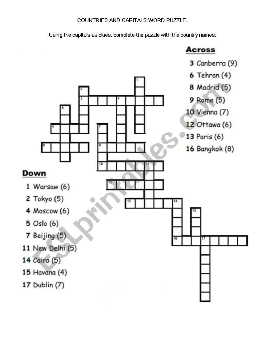 Capitals crossword worksheet