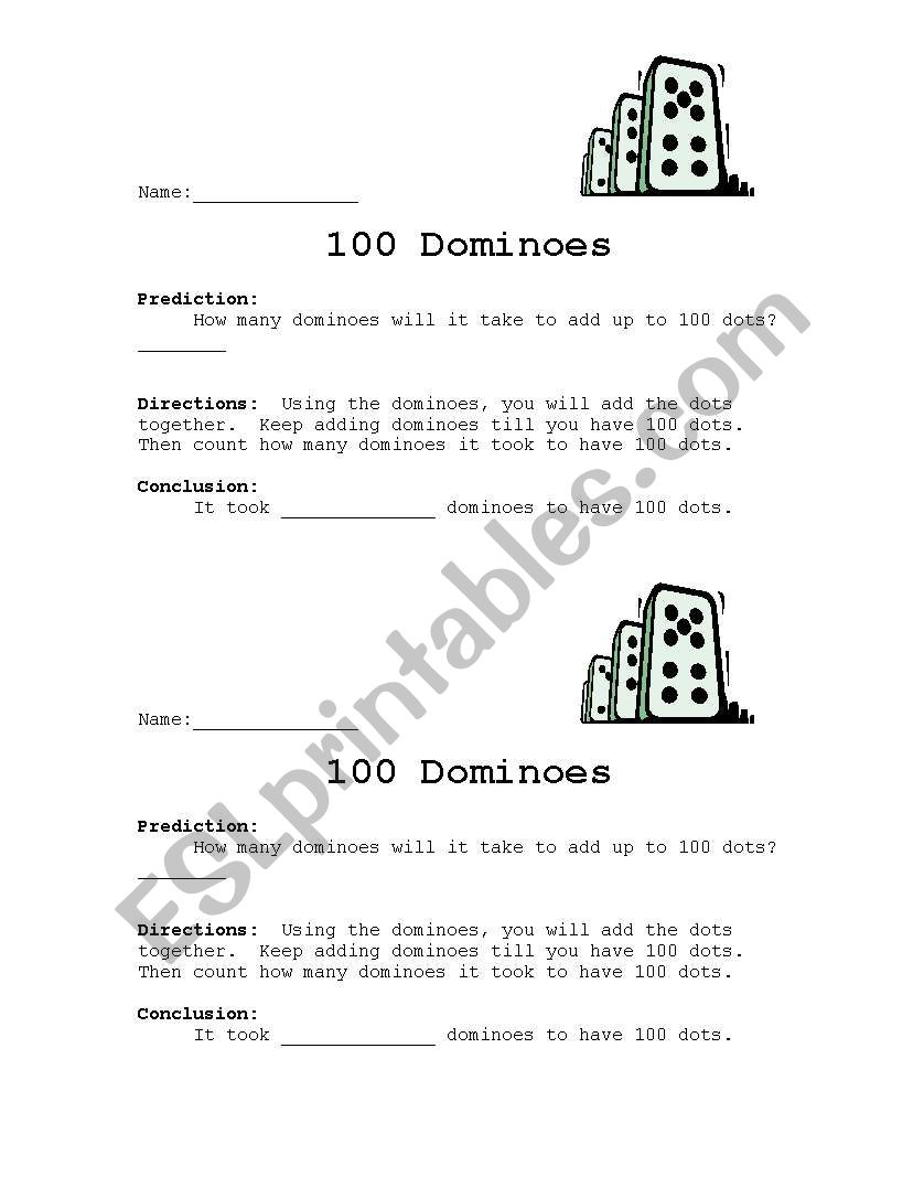 100s Day Domino Activity worksheet