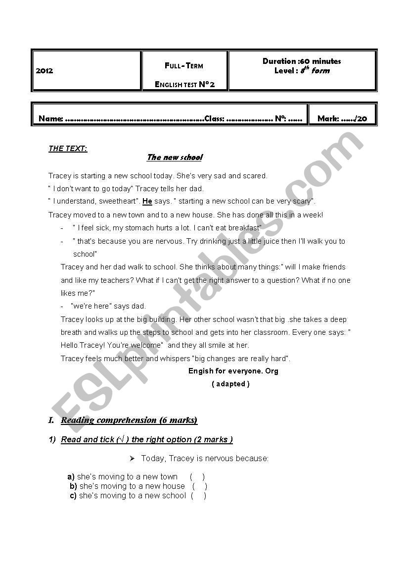 test n3 8th form worksheet