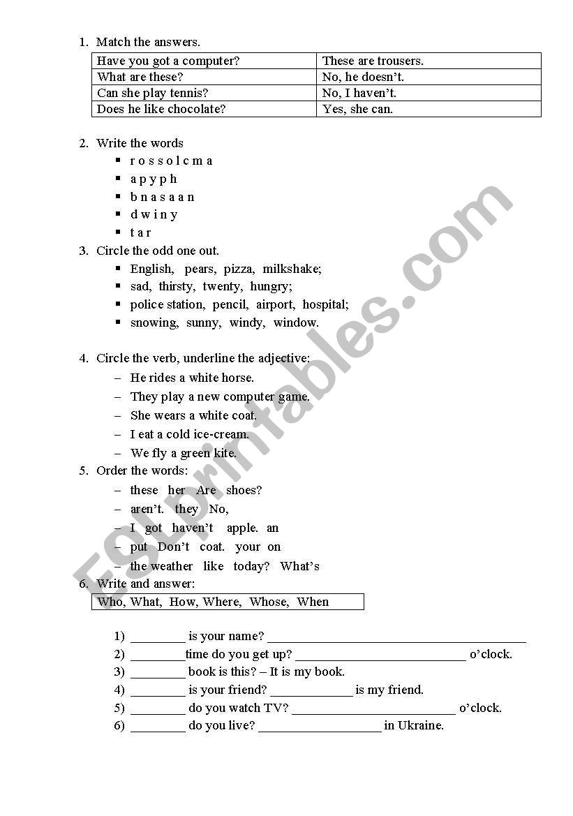 test for the 3rd grade worksheet