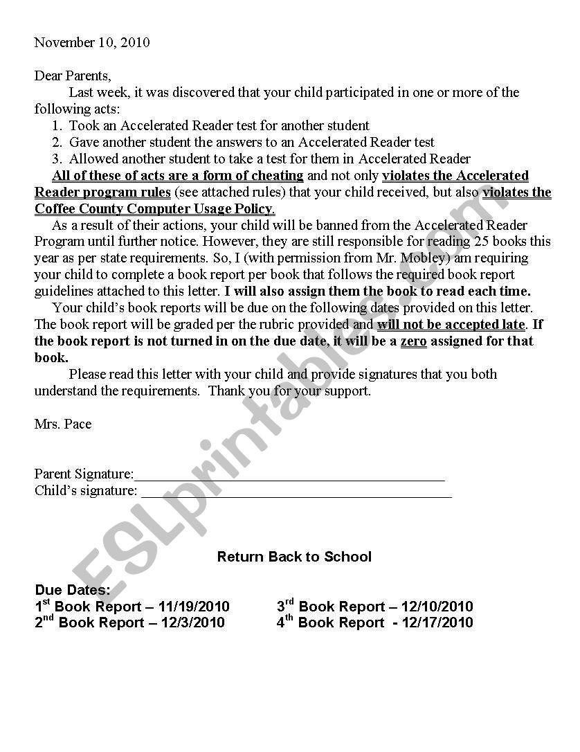 Book Report worksheet