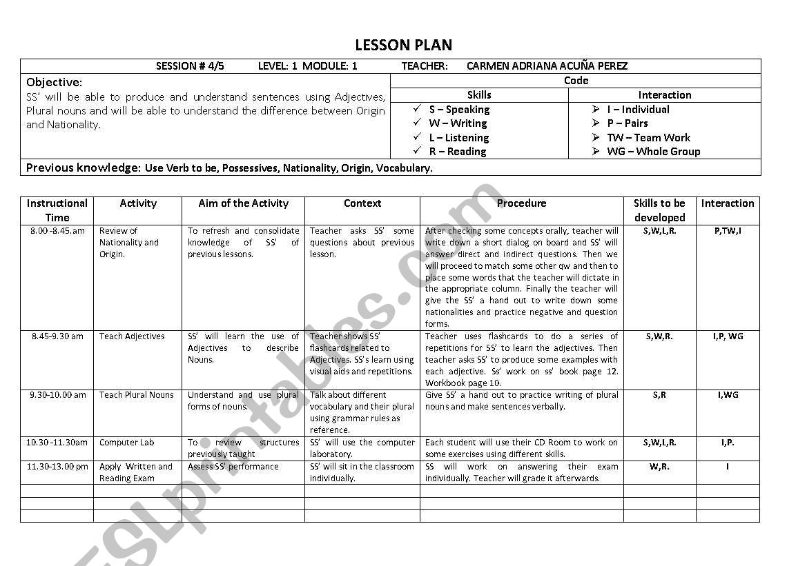 lesson plan adjectives and countries