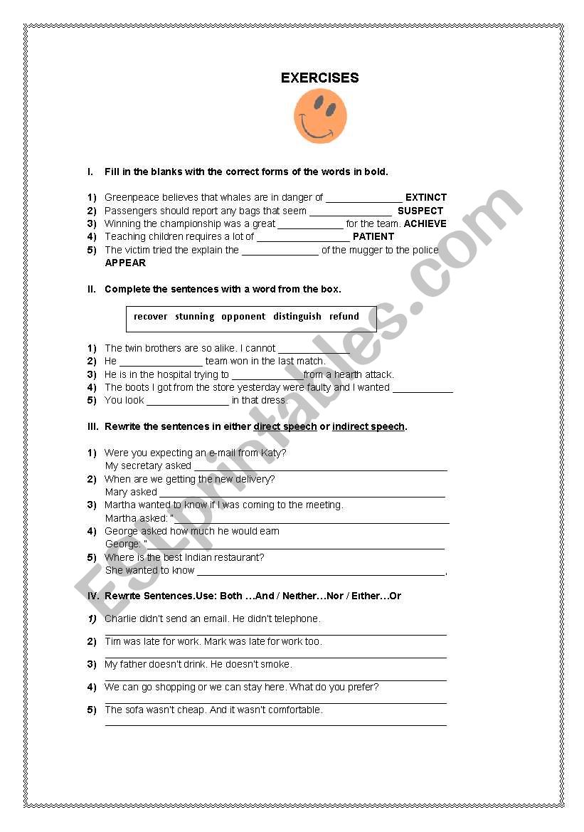 Exercises worksheet