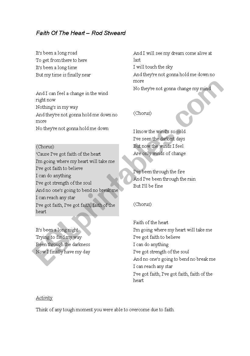 Faith of the Heart worksheet