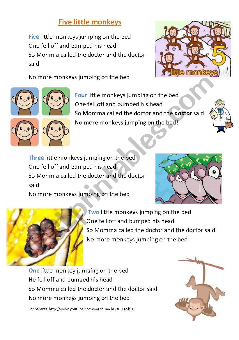 Five little monkeys song worksheet