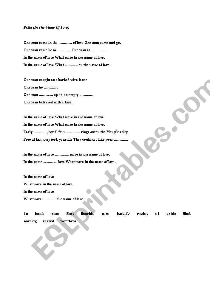U2/In The Name Of Love Song Worksheet