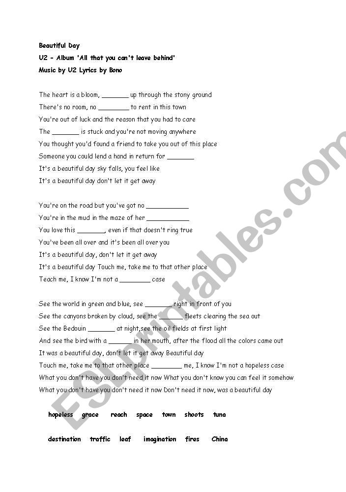 U2/Its A Beautiful Day Song Worksheet