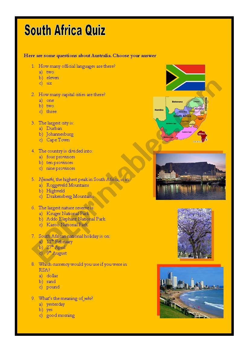 South Africa Quiz worksheet