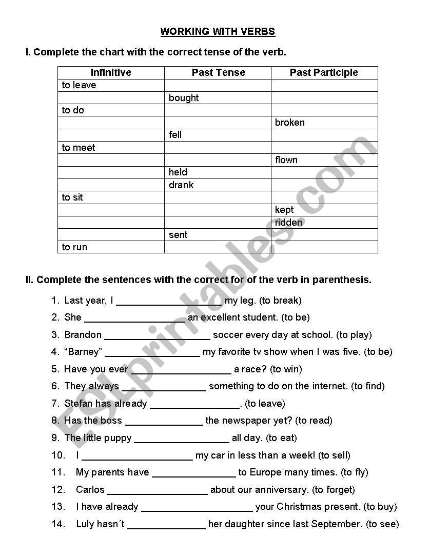 Working with Verbs worksheet