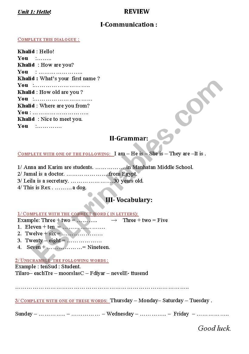 review of unit 1 worksheet