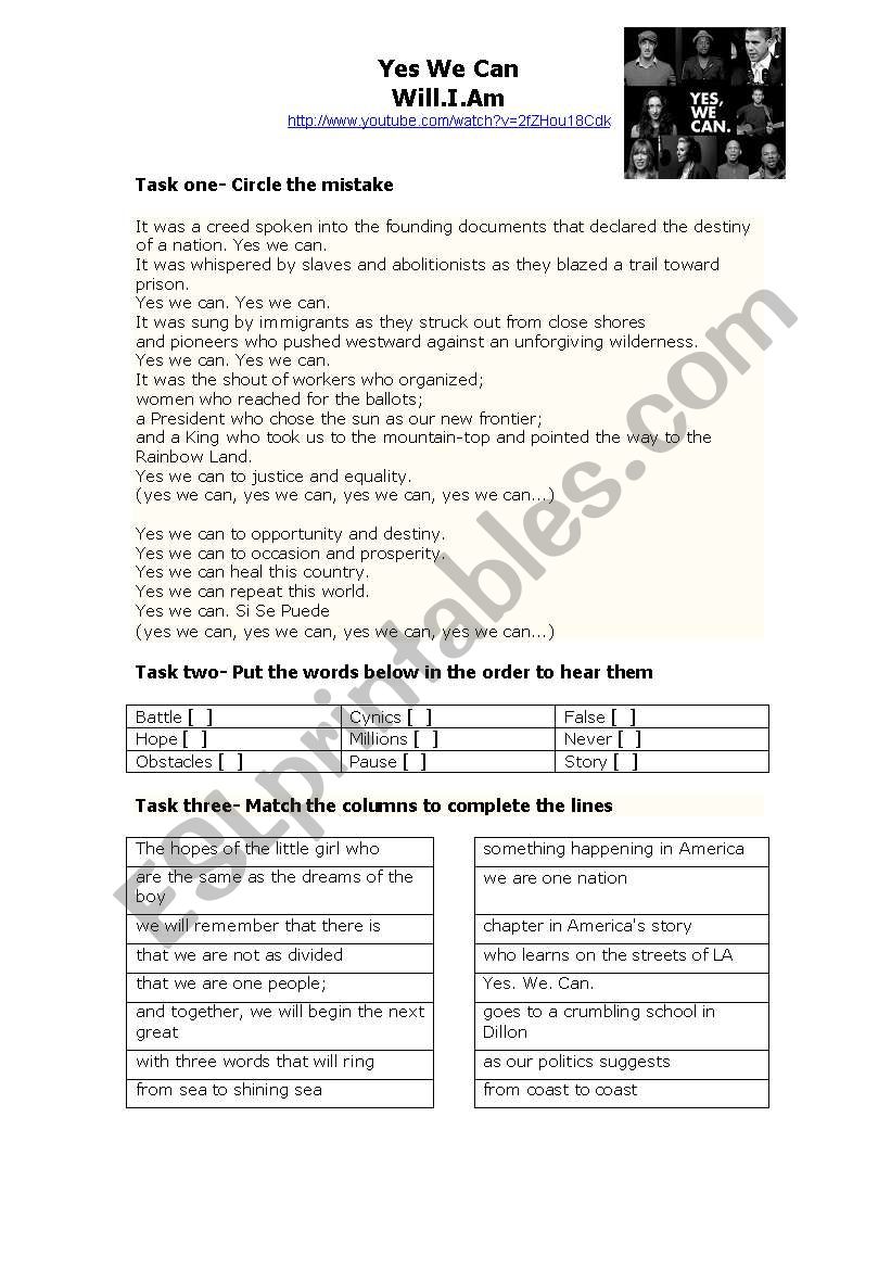 Yes We Can- Will.I.Am worksheet