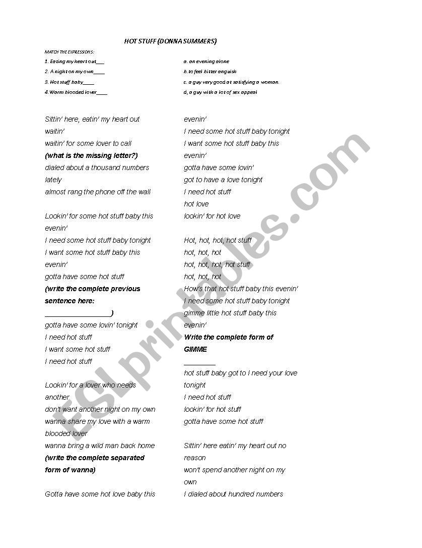 Song Hot stuff worksheet