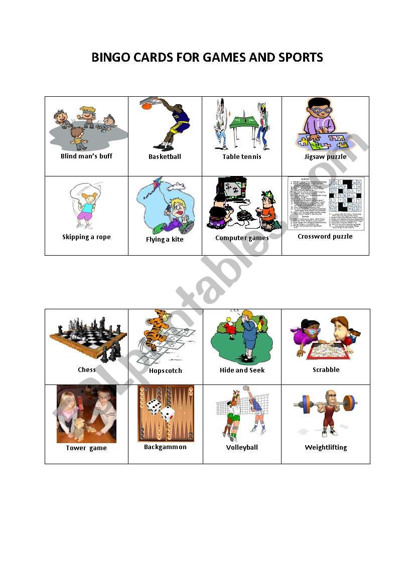 Bingo cards about games and sports