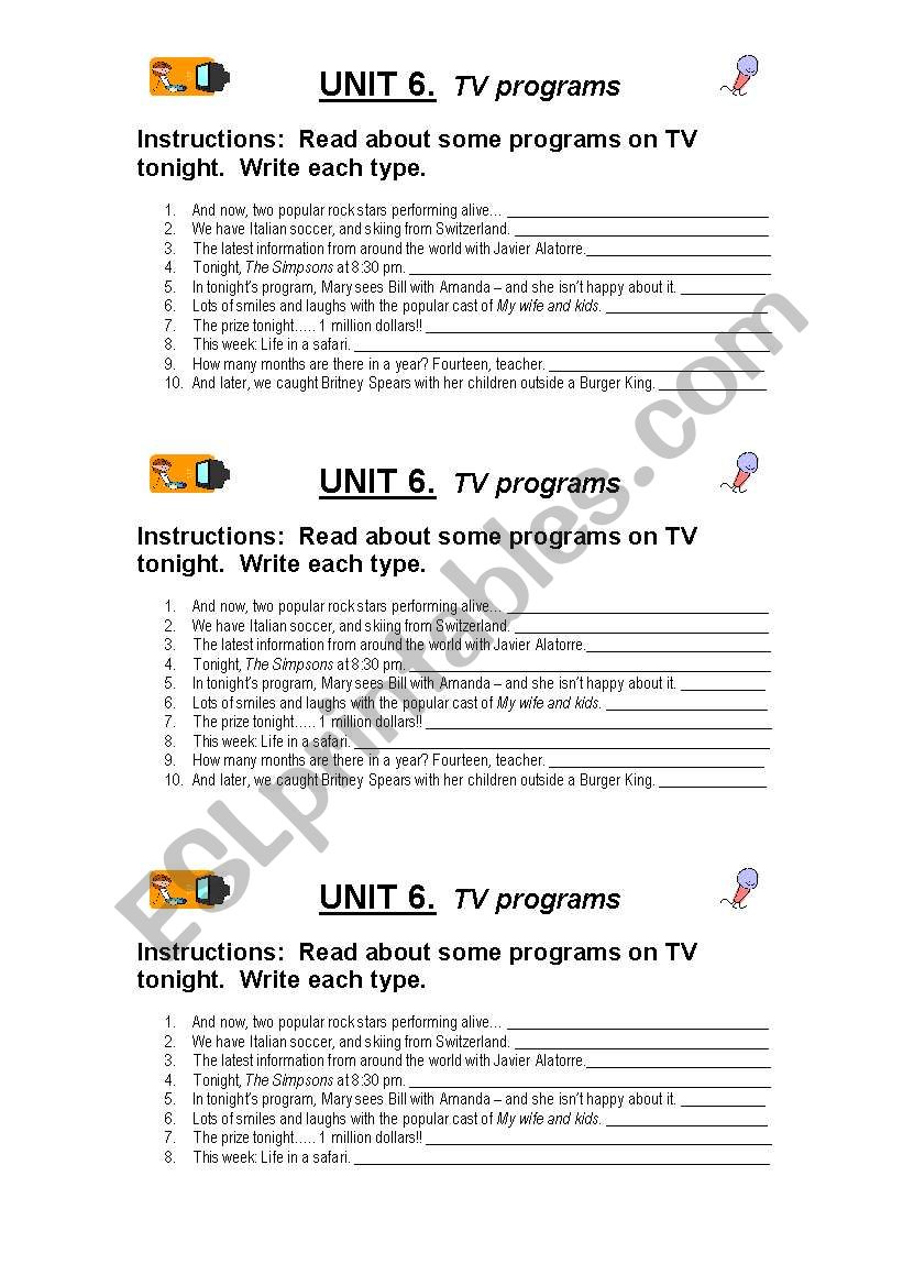 Types of TV Programs worksheet
