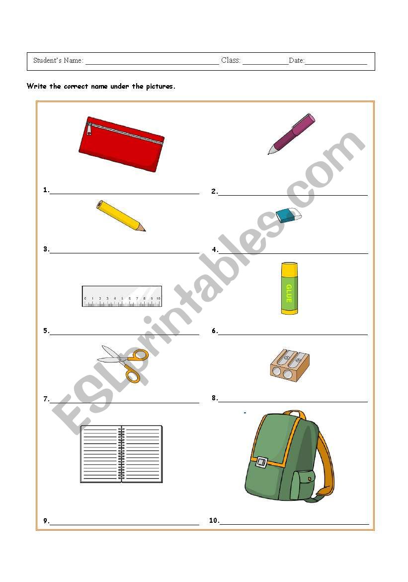 School objects  worksheet