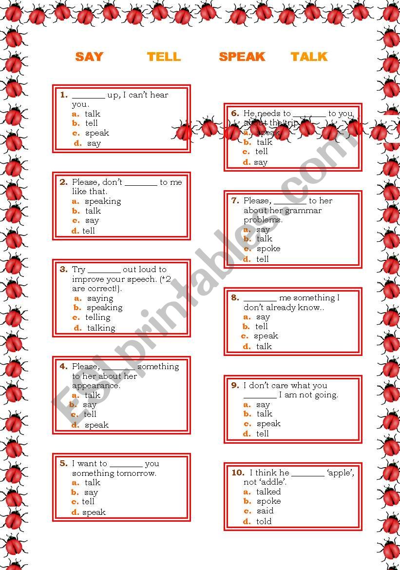 say tell speak talk worksheet