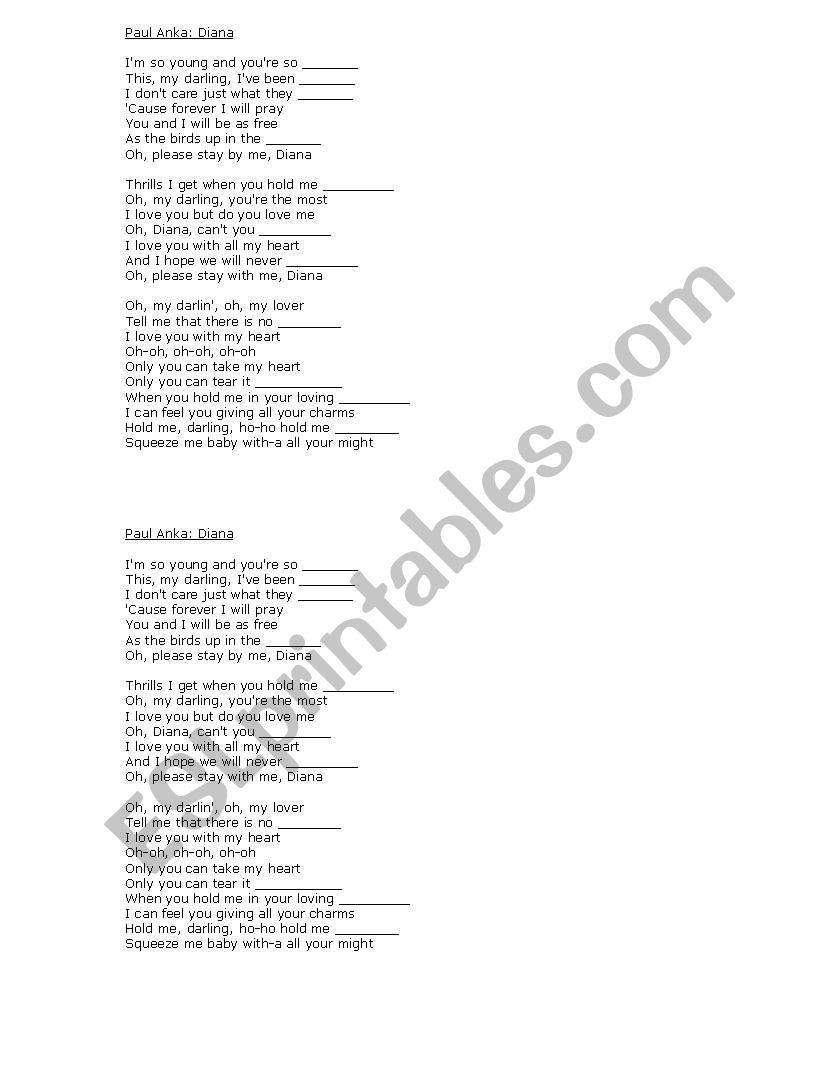 Paul Anka Diana worksheet
