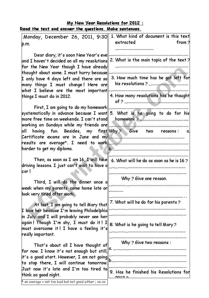 secret diary worksheet