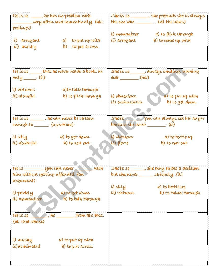 Adjectives plus phrasal verbs worksheet