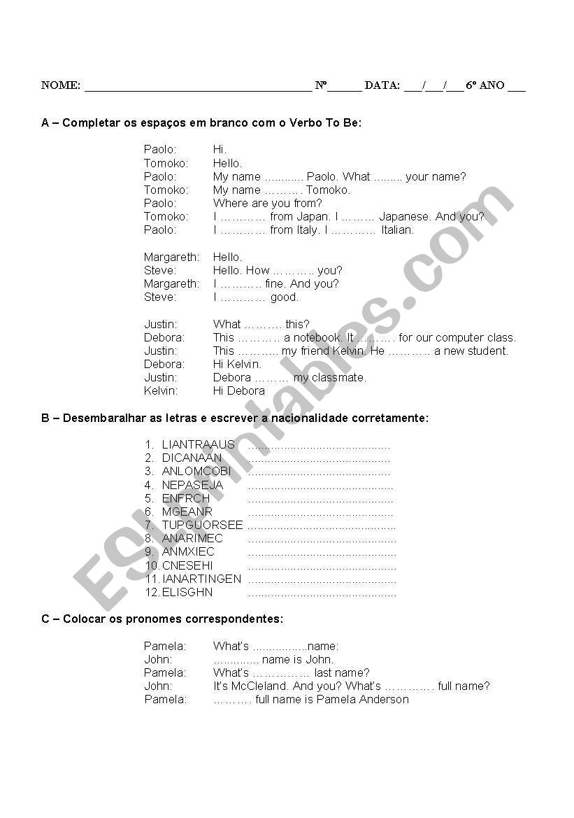 Verb To Be and Nacionality worksheet