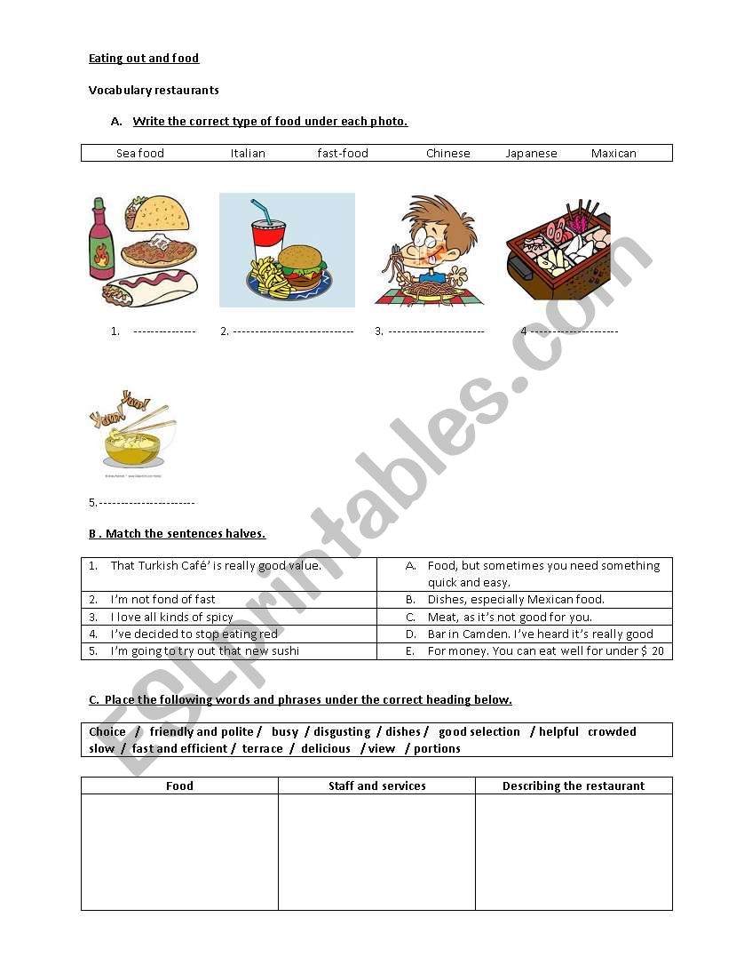 EATING OUT AND FOOD worksheet