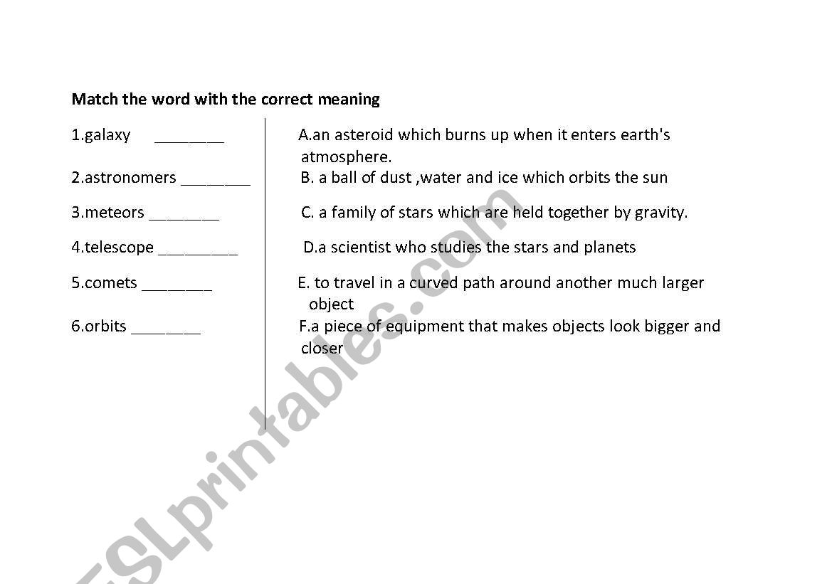 matching words to definitions worksheet