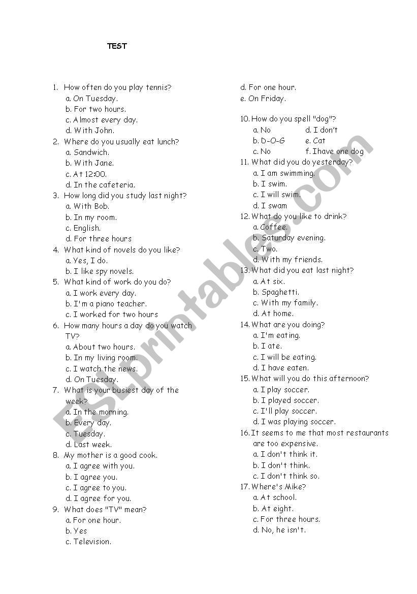 easy revision test worksheet