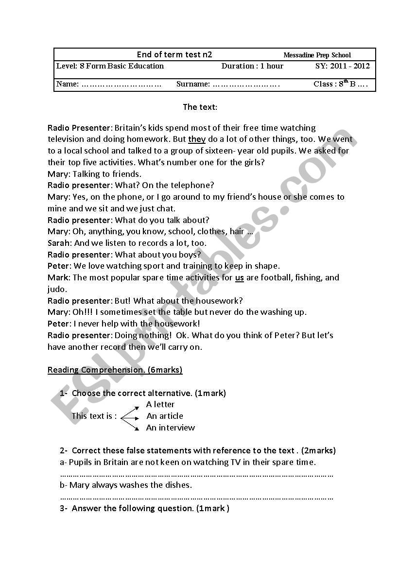 End of term test 8th form worksheet
