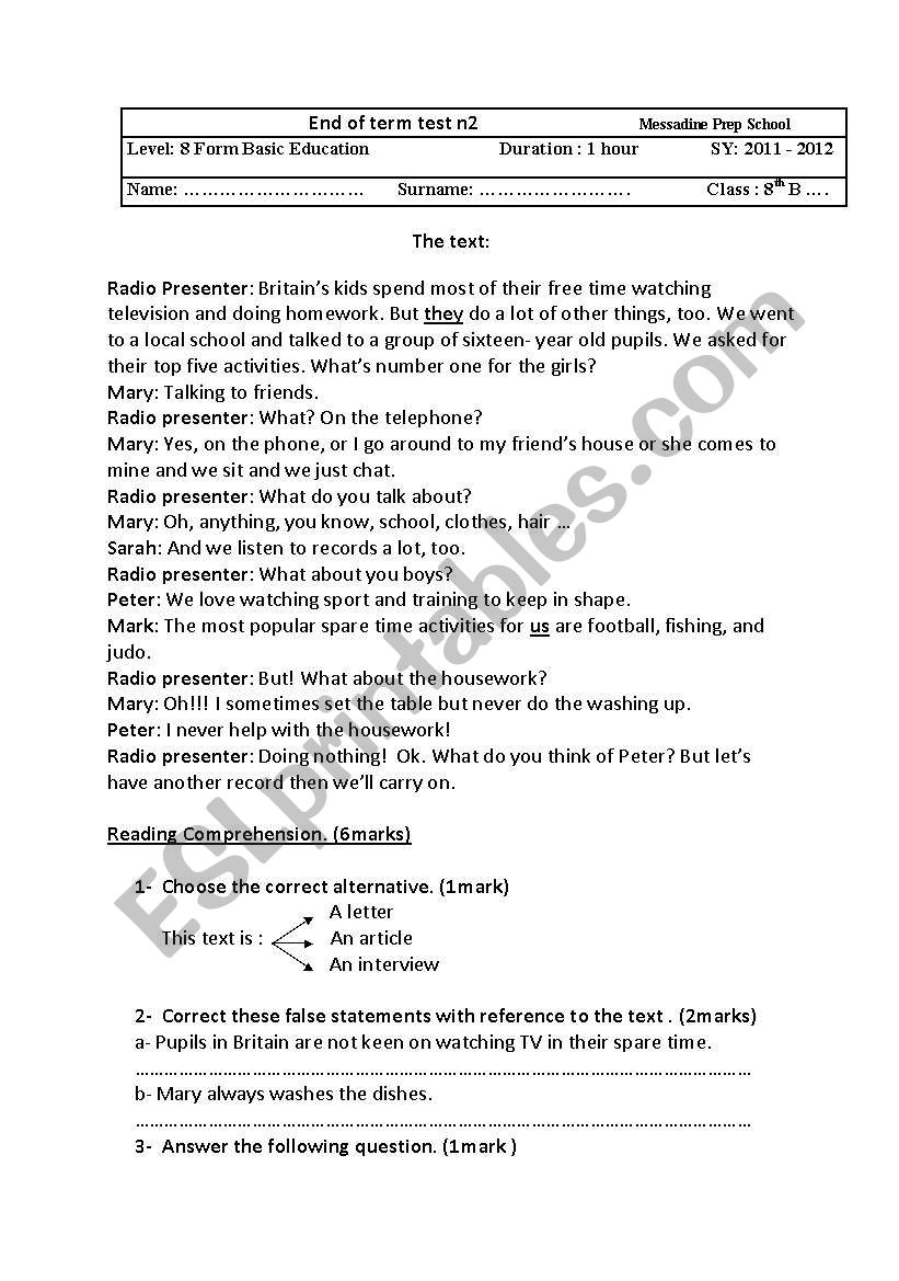End of term test 8th form worksheet