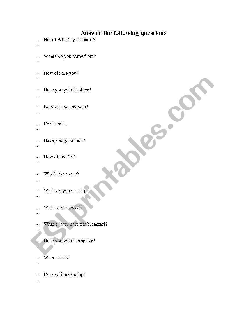 Easy Questionnaire worksheet