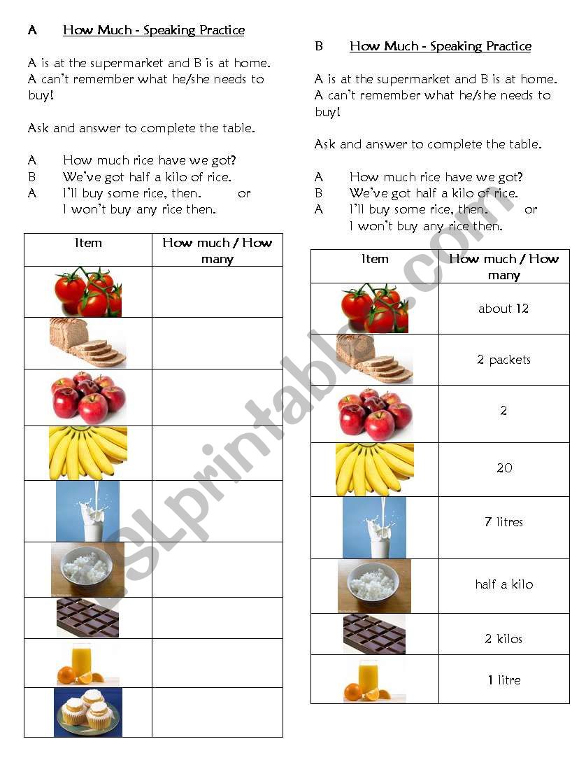 How much/many Speaking Practice Gapfill