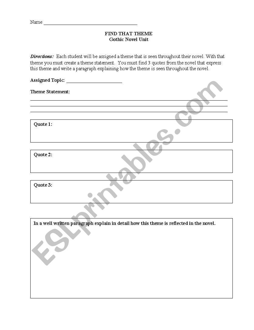 Gothic Novel - Theme worksheet